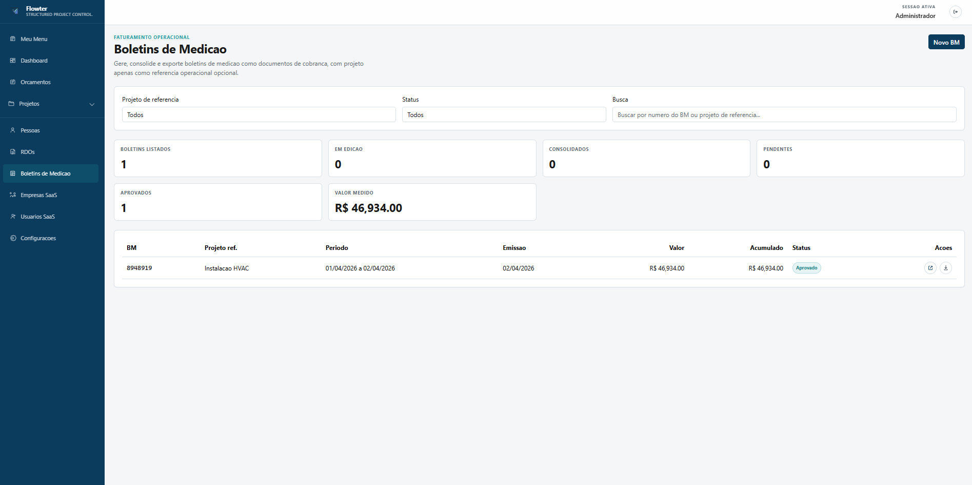 Tela do boletim de medição do Flowter com consolidação documental do período.