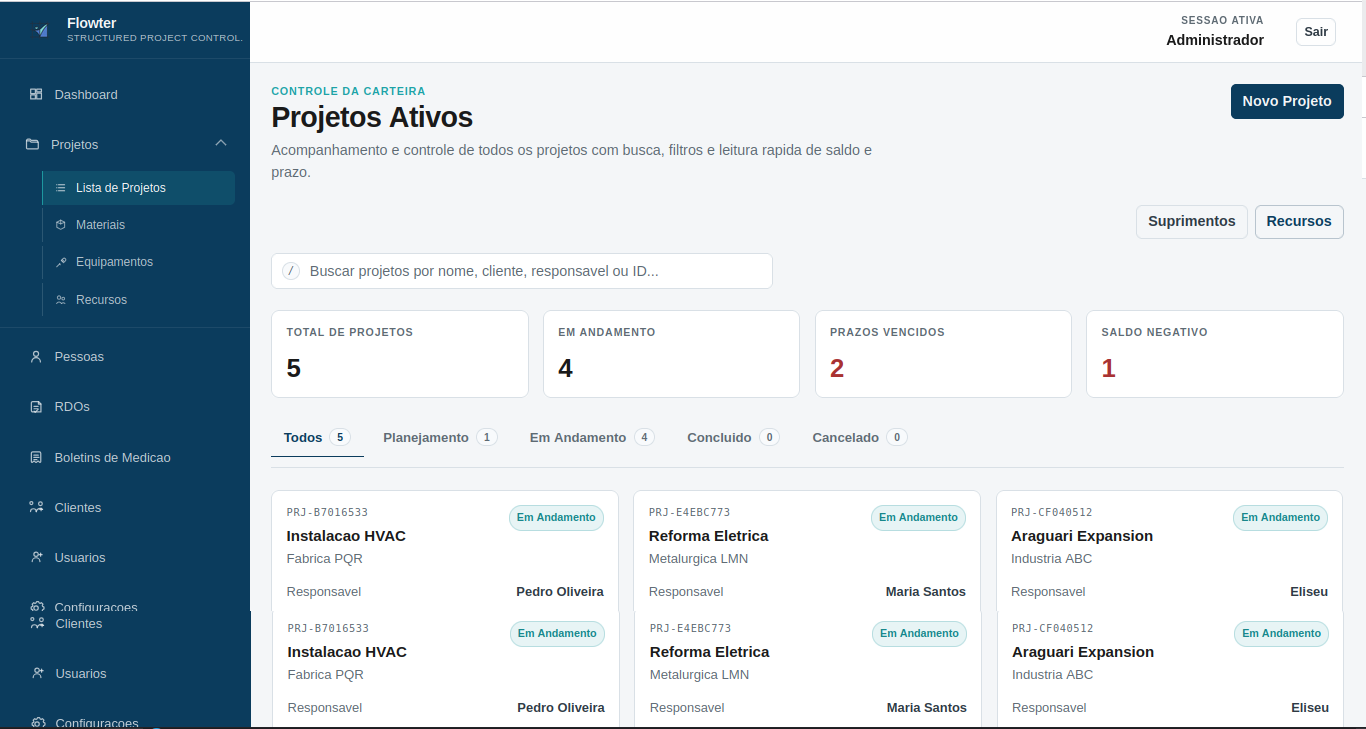 Tela da lista de projetos do Flowter mostrando carteira ativa e indicadores de acompanhamento.