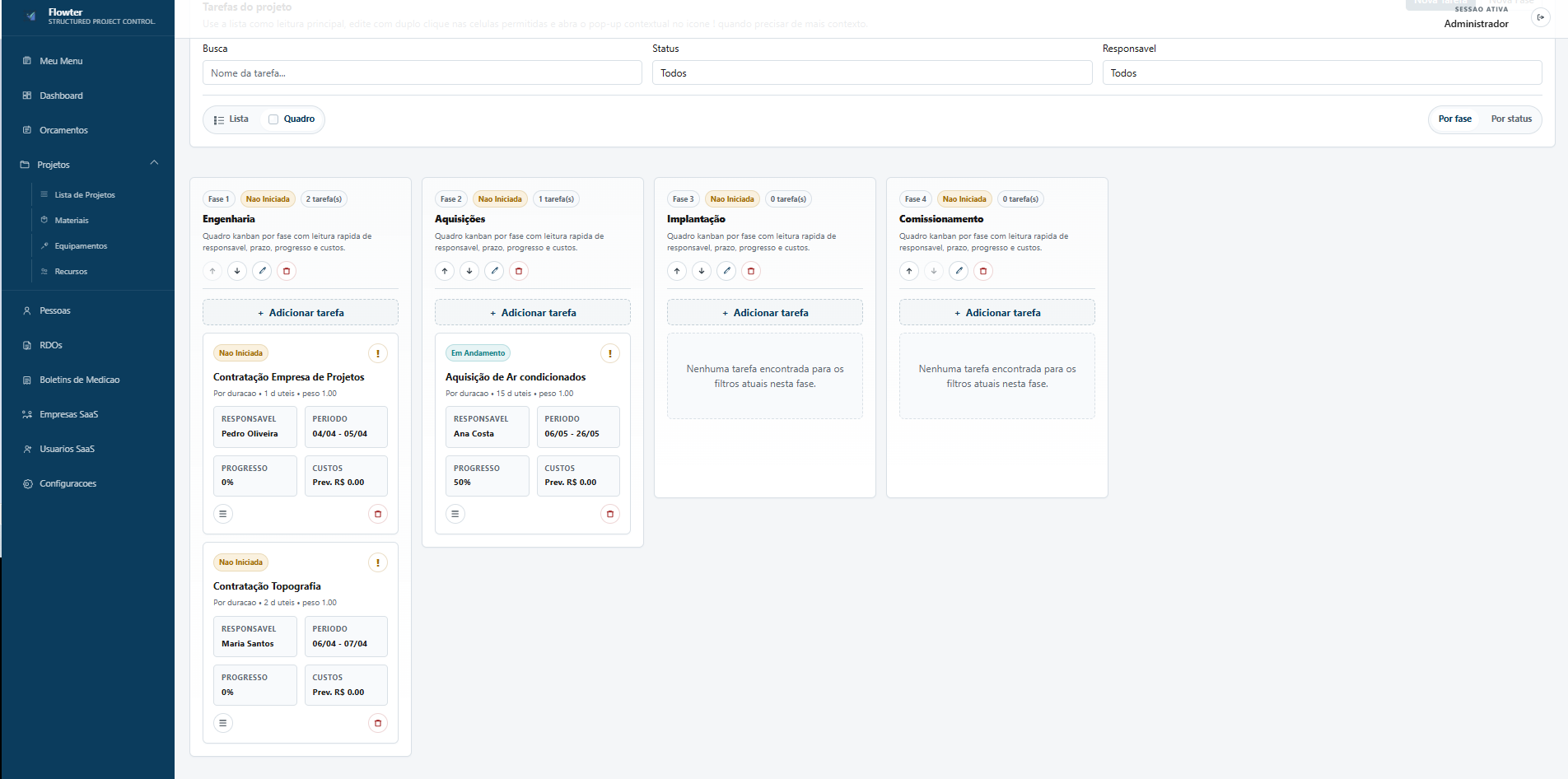 Tela da lista de tarefas do Flowter com atividades em andamento e prioridades.