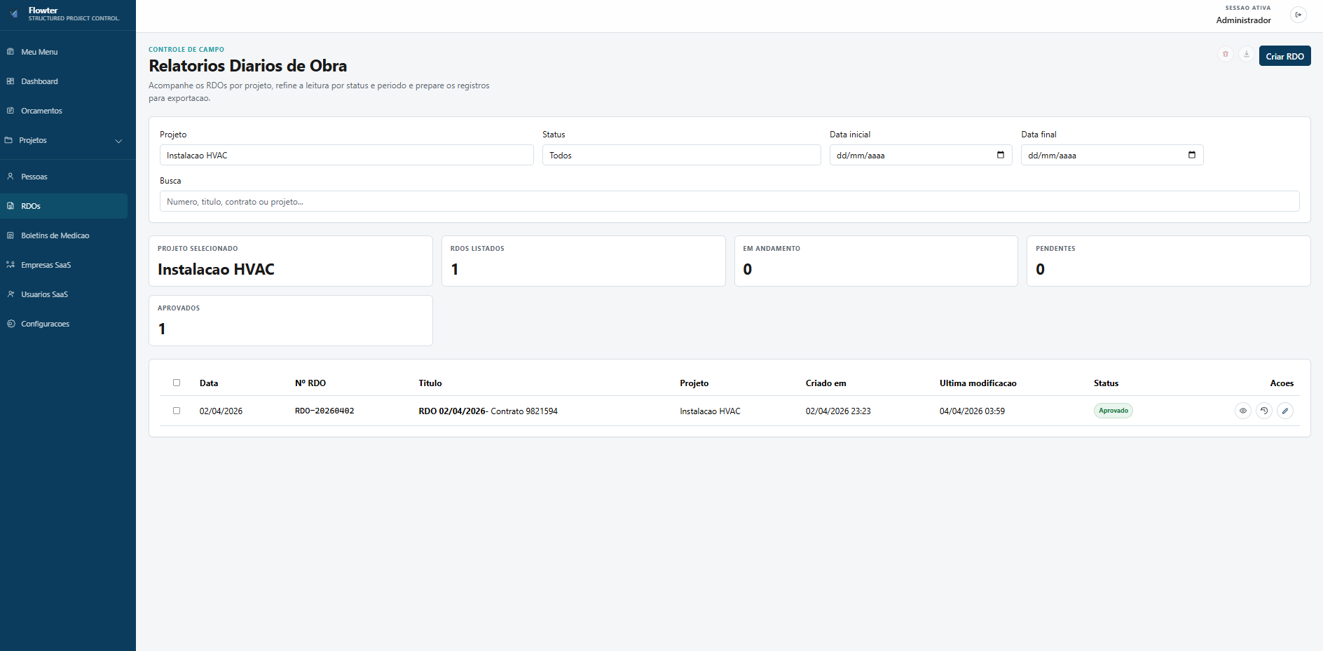 Tela de RDO do Flowter com informações diárias, fotos e histórico operacional.
